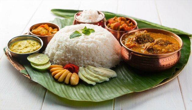 Generated imageTraditional food Onam Sadya served on Festival day onam, Vegetarian meal with rice and curri