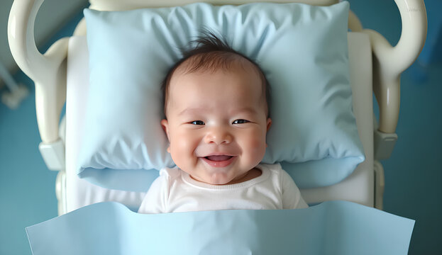 Beb&eacute; sonriente acostado en una cama de hospital, envuelto en s&aacute;banas azules. Expresi&oacute;n feliz y saludable. Concepto de salud infantil, cuidado m&eacute;dico, maternidad y bienestar de los reci&eacute;n nacidos.