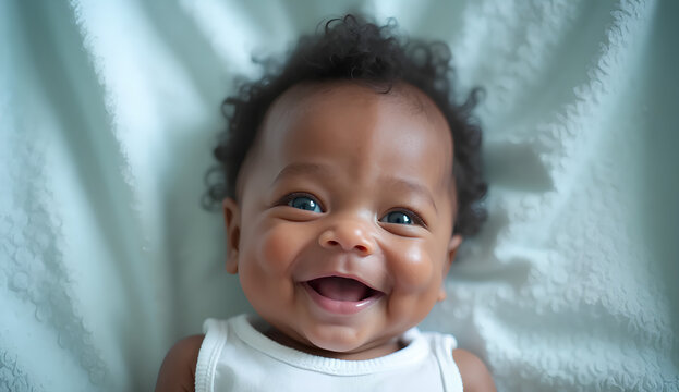 Beb&eacute; sonriente acostado en una cama de hospital, envuelto en s&aacute;banas azules. Expresi&oacute;n feliz y saludable. Concepto de salud infantil, cuidado m&eacute;dico, maternidad y bienestar de los reci&eacute;n nacidos.