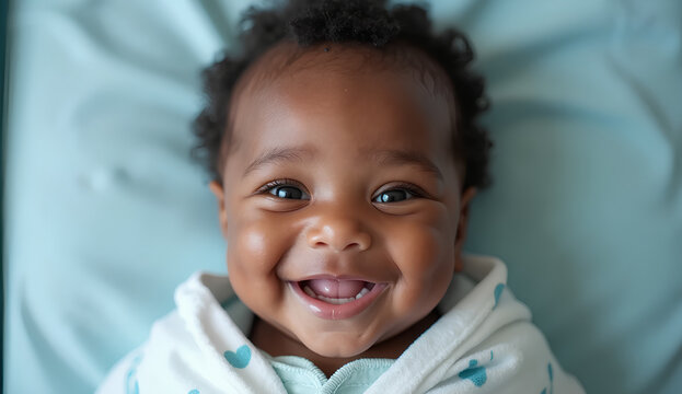 Beb&eacute; sonriente acostado en una cama de hospital, envuelto en s&aacute;banas azules. Expresi&oacute;n feliz y saludable. Concepto de salud infantil, cuidado m&eacute;dico, maternidad y bienestar de los reci&eacute;n nacidos.