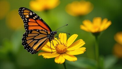 Fototapeta premium A monarch butterfly sips nectar from a bright yellow flower, nature, flowers, bees