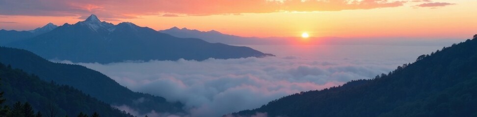 Fototapeta premium A mountain range at sunrise with mist and fog, mountain scenery, nature, landscape