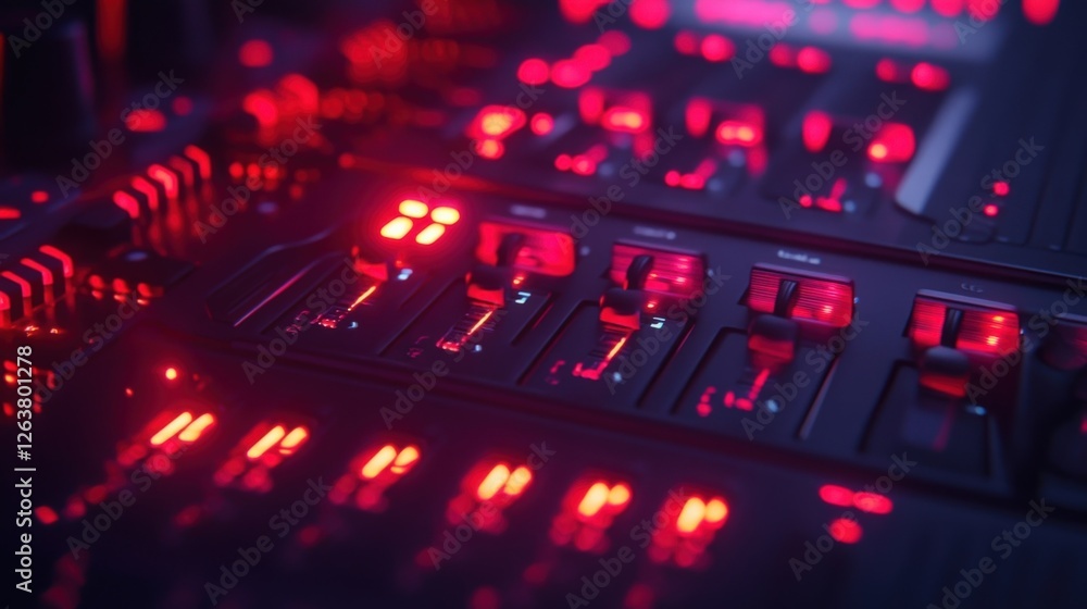 Poster professional audio mixer illuminated with red lights during operation, showcasing buttons, faders, a