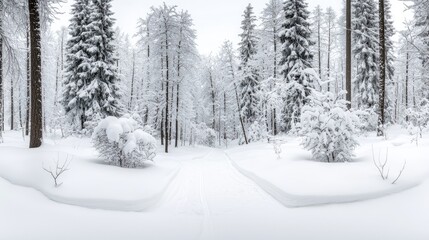 Fototapeta premium Snowy forest path, winter landscape, cross-country skiing tracks, peaceful nature scene