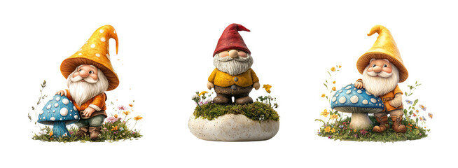 Fototapeta premium Cheerful Gnomes with Mushrooms on Transparent Background
