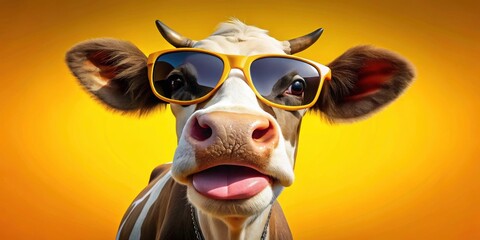 Cow Sunglasses Fun: Playful Dairy Cow Photo, Bright Background, Summer Vibes