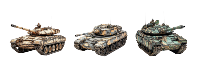Three Military Tanks on Transparent Background