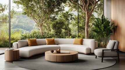 Living room interior design featuring large tree in background with natural light and cozy atmosphere