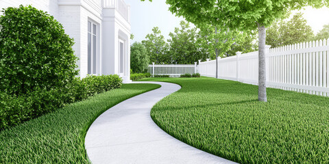 American dream home with green grass lawn, white picket fence. Modern private house and plot.