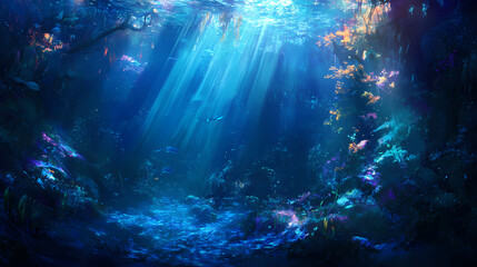 Mystical underwater rays illuminate the depths of the ocean with an enchanting azure glow. Sapphire Ocean Depths. Illustration