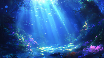 Obraz premium Mystical underwater rays illuminate the depths of the ocean with an enchanting azure glow. Sapphire Ocean Depths. Illustration