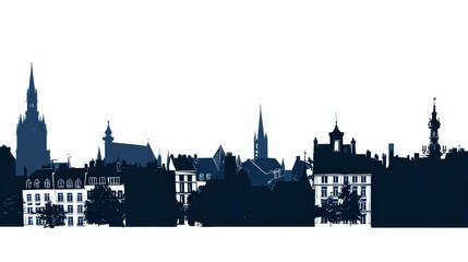  Silhouette of Amiens skyline in blue against white sky, France architecture illustration, cityscape art