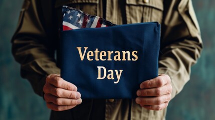 A medium shot of a soldier holding a folded blue flag with Veterans Day text, symbolizing respect and gratitude for military service. AI generated.