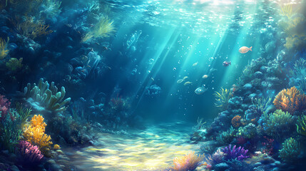 Obraz premium Turquoise ocean and precious, a serene underwater scene with sunlight filtering through the water, illuminating the ocean floor and creating a tranquil atmosphere. Sapphire Ocean Depths. Illustration
