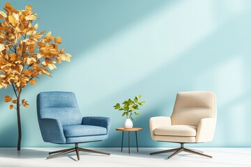 Wooden chair and table in a modern room with natural light and neutral color scheme