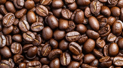 Obraz premium Roasted coffee beans piled together in a detailed closeup overhead shot.