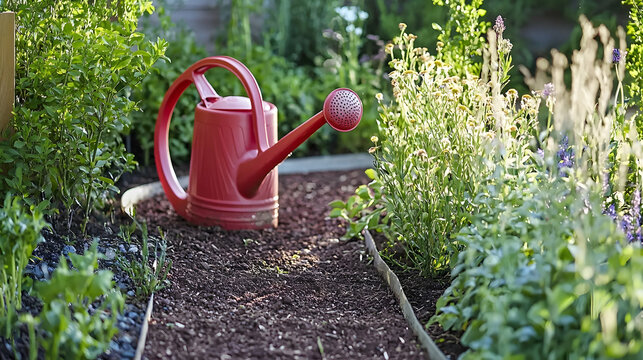 Red watering can in a garden bed filled with herbs and flowers. Possible use for gardening or nature content