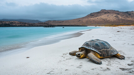 A galapagos tortoise lying on a beach on an island.