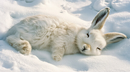 Closeup of an arctic hare lying in the snow.
