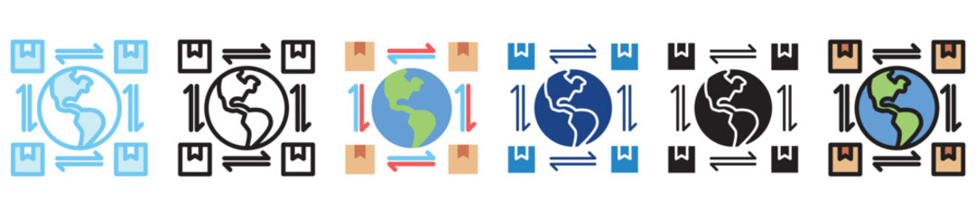 Obraz premium Logistics Network multi style, mini illustration icon. outline, flat, glyph, dual tone, line color, UI, UX kit, app and web development, digital or print. For finance, business, economy.