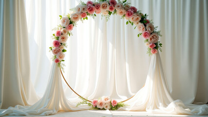 Photography background for maternity or wedding with elegant floral ring border and soft semi transparent fabric