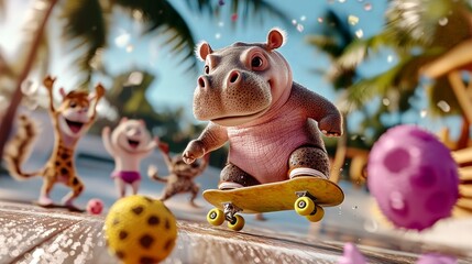 Playful pygmy hippo landing a kickflip, surrounded by cheering cartoon animals in a skate park, fantasy skateboarding concept