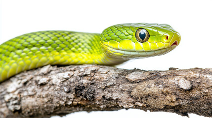 A green snake lying on a tree branch isolated on a white background.