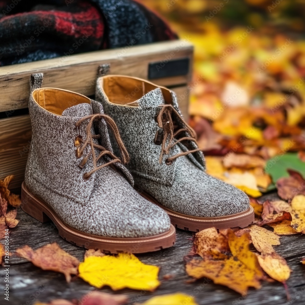 Aufkleber stylish wool boots resting on colorful autumn leaves in a peaceful outdoor setting during the fall s