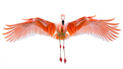 Flying flamingo with spread wings, view from downside, isolated on a white background.