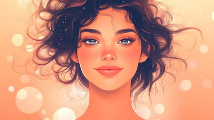 Portrait of a young woman with curly hair and freckles, set against a soft, peach background with bokeh lights.