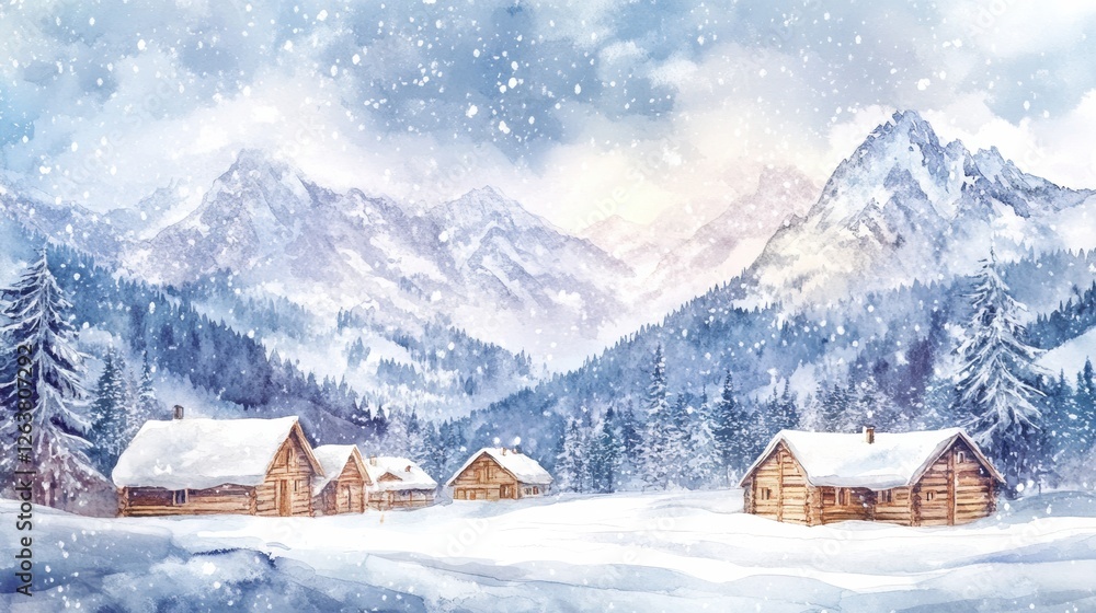 Aufkleber Winter landscape featuring snow covered mountains and rustic cabins in a tranquil setting with falling snow. Generative AI