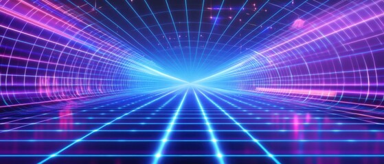Fototapeta premium Futuristic neon grid tunnel with glowing blue and pink lights Retro 80s style digital landscape background with perspective and vibrant colors Concept of technology, cyberspace, and virtual reality
