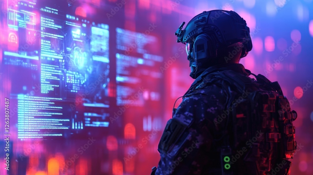 Poster a closeup of a gaming character stands alert with a holographic display behind them showcasing realt