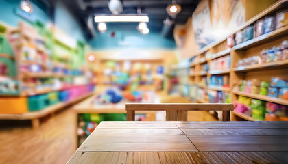 A vibrant, blurred children's bookstore interior with a wooden table foreground, inviting creativity