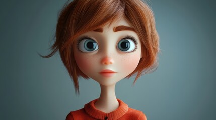 3D Render of a Cute Cartoon Girl with Red Hair, Freckles, and Big Eyes: Portrait of a Curious Child with a Thoughtful Expression