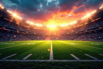 Bright stadium lights illuminate American football field at sunset, football field, outdoor stadium, stadium lights