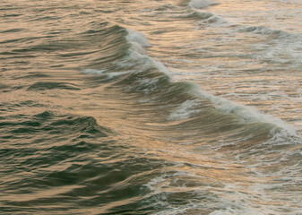sea ​​with gentle waves and foam of waves with golden reflection of the evening light
