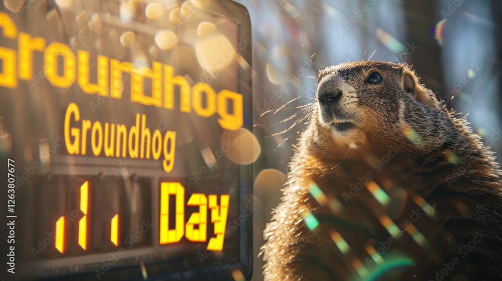 Poster a groundhog illuminated by bright, glowing text displays, capturing a unique intersection of nature 