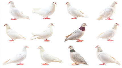 Obraz premium White dove collection, standing, portrait and flying, pigeon bundle isolated on a white background.