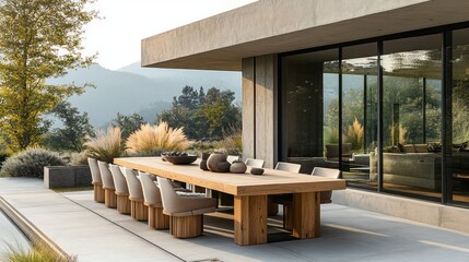 Stylish outdoor dining setting showcases a long wooden table with elegant seating. This serene space is surrounded by lush greenery and offers a peaceful atmosphere for gatherings.