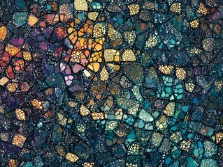 A seamless pattern of intricate abstract mosaic tiles in vibrant jewel tones, radiating an exotic charm, perfectly balanced for textile or wallpaper design