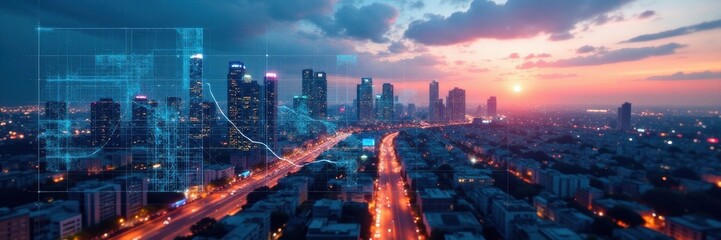 Fototapeta premium Architectural blueprint overlay on a modern cityscape at dusk, sunset, architecture, urban planning