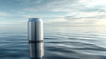A sleek silver beer can floating on calm water near the shore, reflective surface of the ocean mirroring the sky, surreal atmosphere, 3D rendering