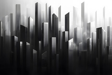 A futuristic cityscape with geometric skyscrapers in a monochromatic color palette.