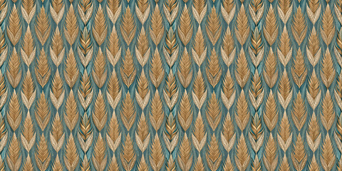 A seamless pattern of wheat stalks in shades of gold and beige on a teal background.