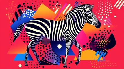 A stylized zebra with geometric patterns, surrounded by bright abstract shapes, bold pop art colors, vector illustration, minimalistic yet vibrant design