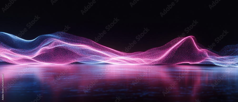 Poster abstract flowing pink and blue particles wave on dark background with reflections digital wave, futu