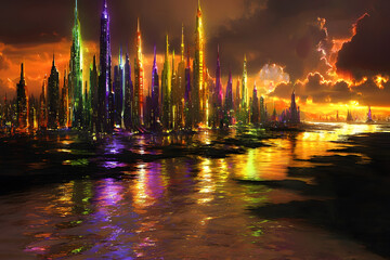 Fototapeta premium A futuristic cityscape with neon-lit skyscrapers reflected in a metallic river.