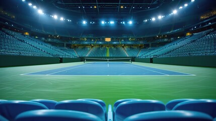 A vibrant indoor tennis court ready for action, with empty stands illuminated by bright lights. Empty Stadium, Silent Stands