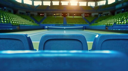 Naklejka premium A view of empty blue seats in a vibrant tennis stadium during sunset. Empty Stadium, Silent Stands